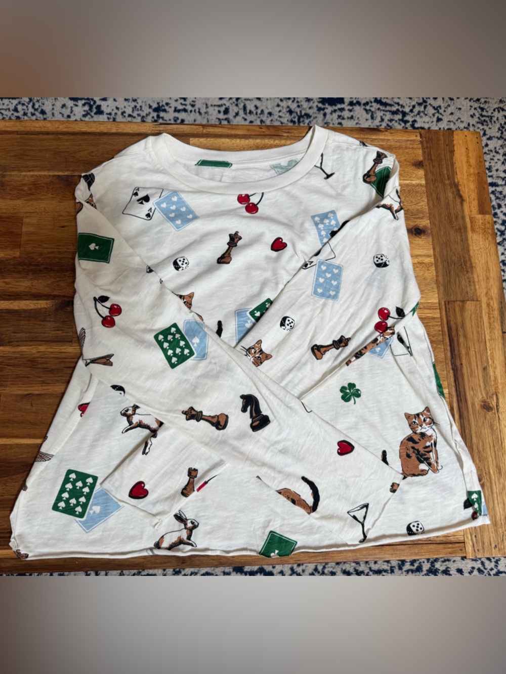 Maeve White Long Sleeve Tee with Cat & Game Print
